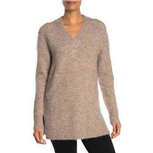 M Magaschoni V Neck Fringe Knit Sweater Medium Heather Taupe Wool Blend